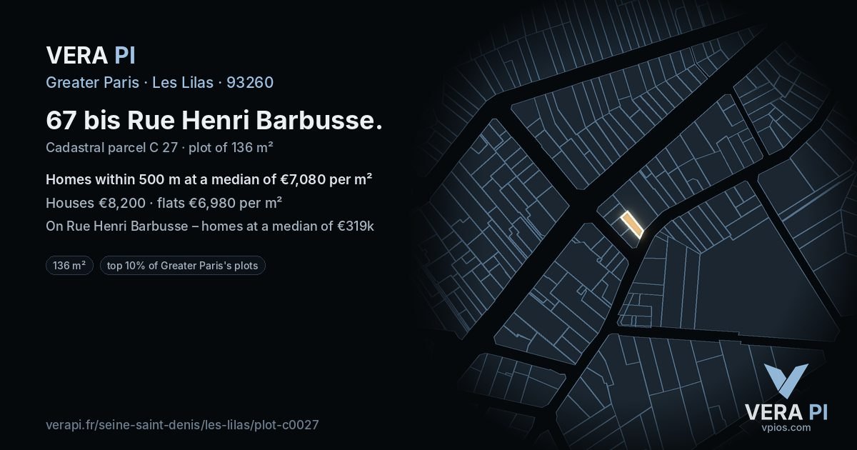 67 bis Rue Henri Barbusse, Les Lilas at night – the plot lit, the parcels around coloured by the prices near them