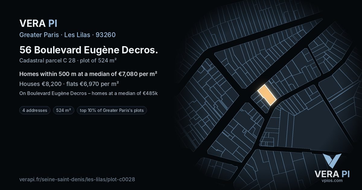 56 Boulevard Eugène Decros, Les Lilas at night – the plot lit, the parcels around coloured by the prices near them