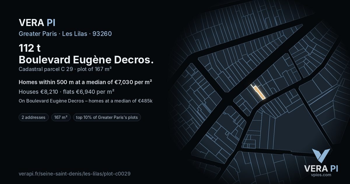 112 t Boulevard Eugène Decros, Les Lilas at night – the plot lit, the parcels around coloured by the prices near them