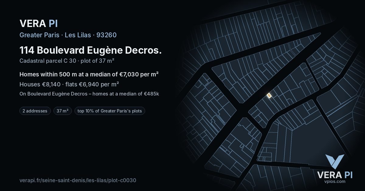 114 Boulevard Eugène Decros, Les Lilas at night – the plot lit, the parcels around coloured by the prices near them