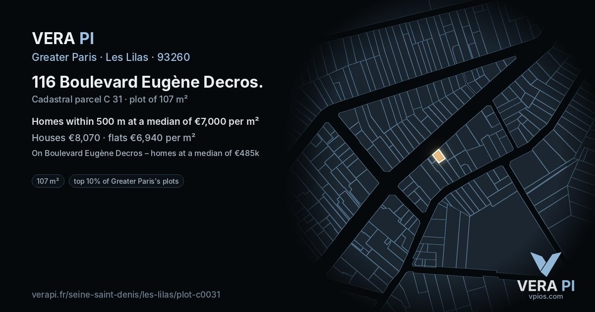 116 Boulevard Eugène Decros, Les Lilas at night – the plot lit, the parcels around coloured by the prices near them