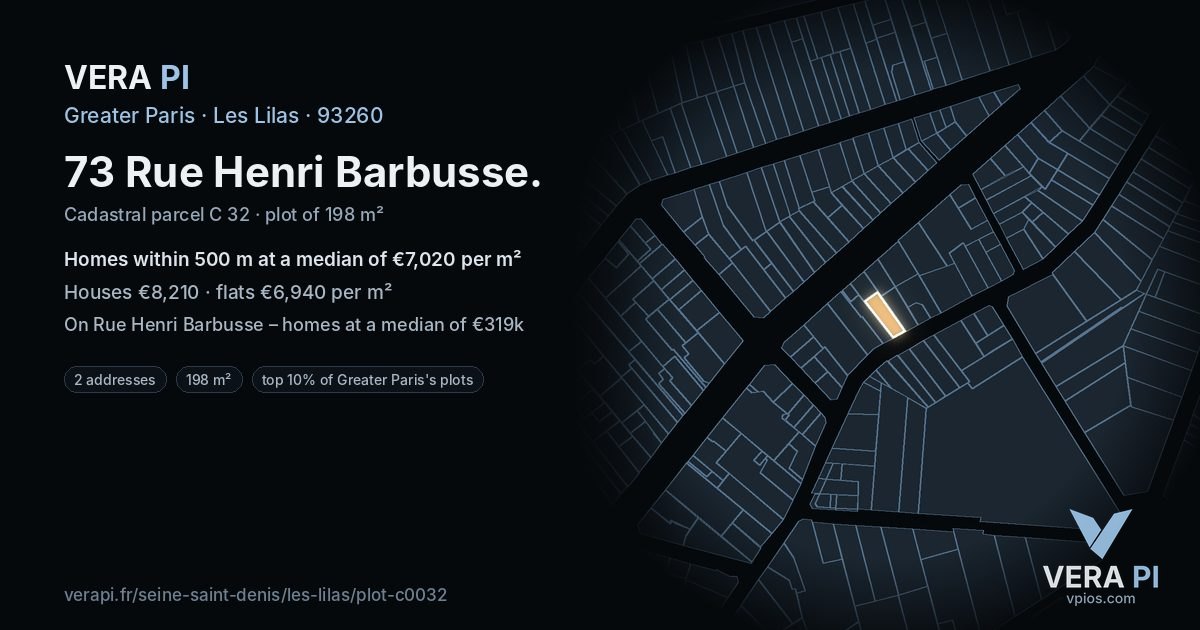 73 Rue Henri Barbusse, Les Lilas at night – the plot lit, the parcels around coloured by the prices near them