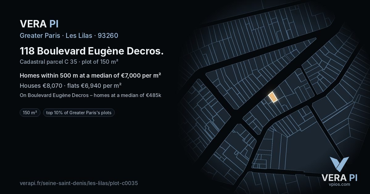 118 Boulevard Eugène Decros, Les Lilas at night – the plot lit, the parcels around coloured by the prices near them