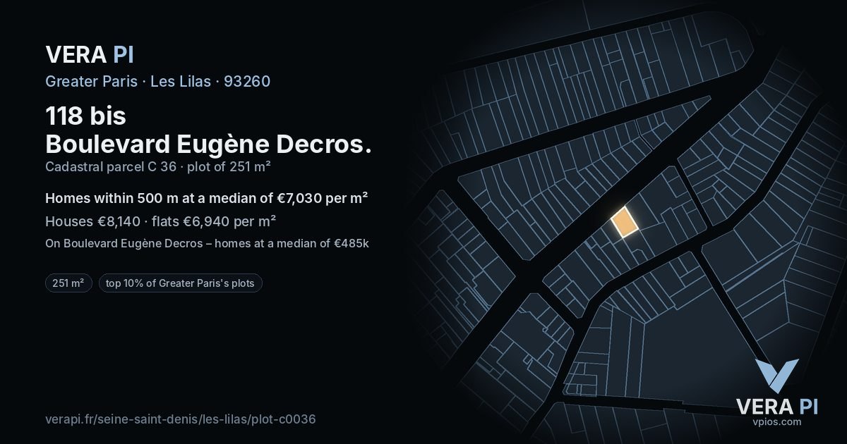 118 bis Boulevard Eugène Decros, Les Lilas at night – the plot lit, the parcels around coloured by the prices near them
