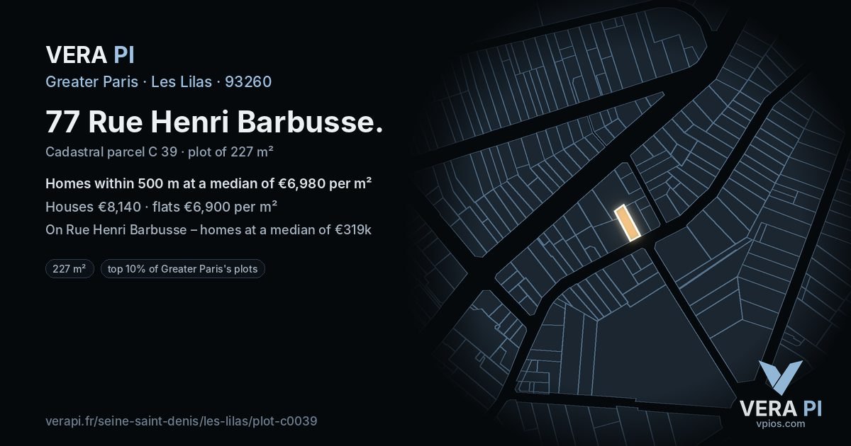 77 Rue Henri Barbusse, Les Lilas at night – the plot lit, the parcels around coloured by the prices near them