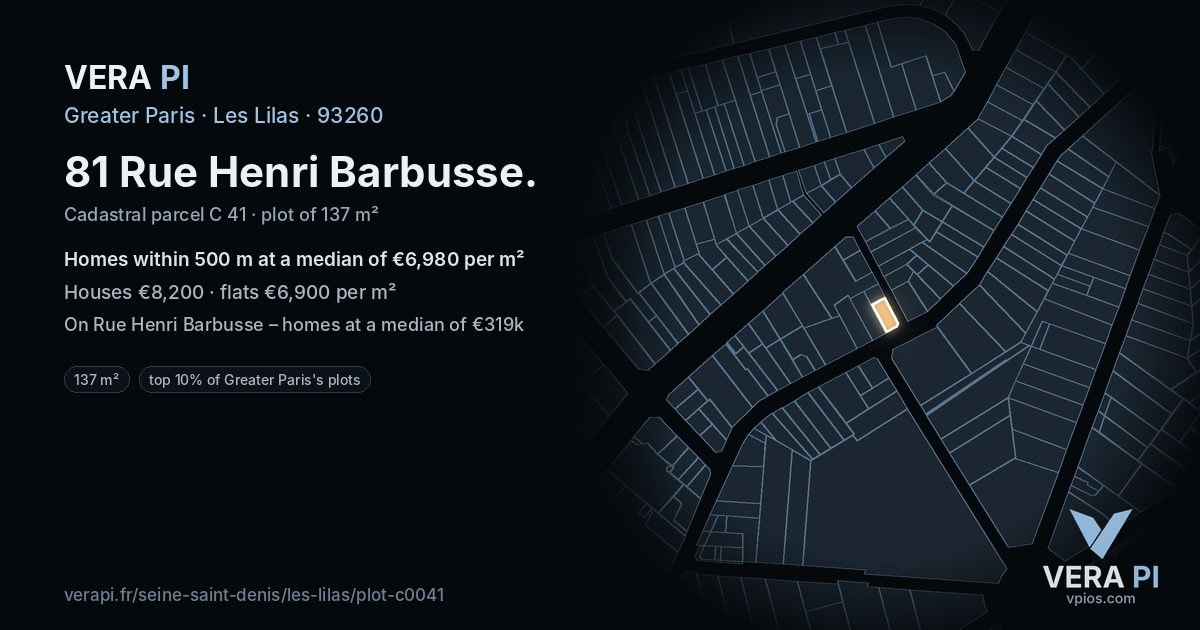 81 Rue Henri Barbusse, Les Lilas at night – the plot lit, the parcels around coloured by the prices near them