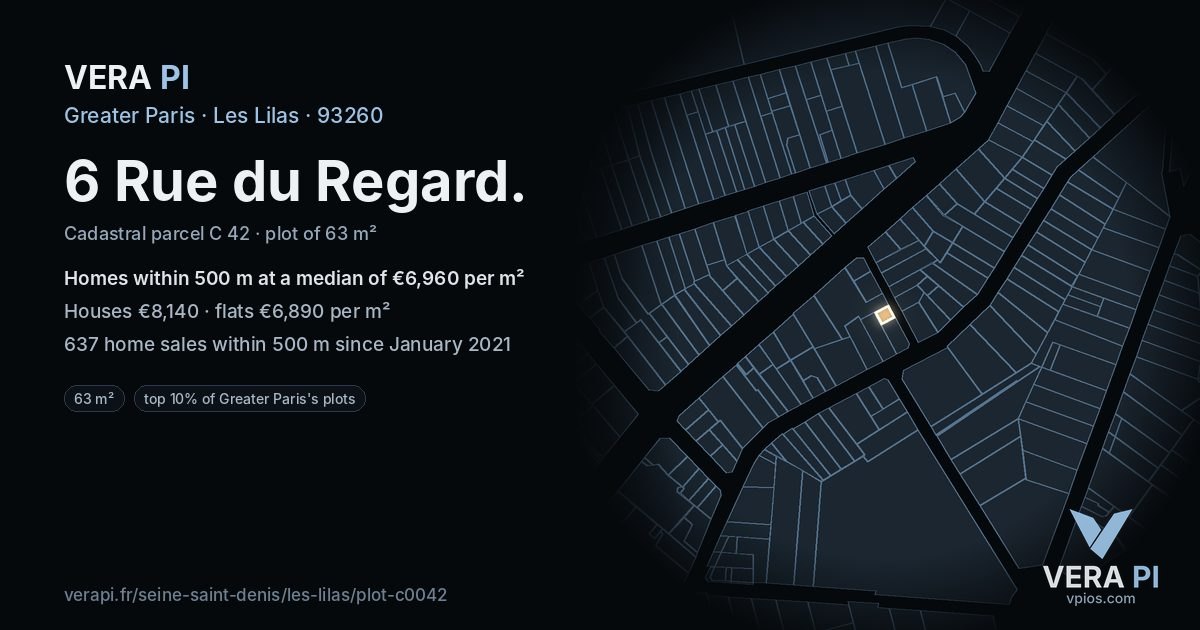 6 Rue du Regard, Les Lilas at night – the plot lit, the parcels around coloured by the prices near them