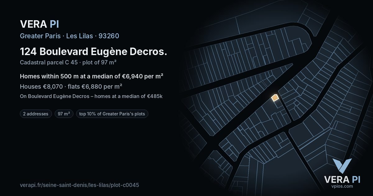 124 Boulevard Eugène Decros, Les Lilas at night – the plot lit, the parcels around coloured by the prices near them