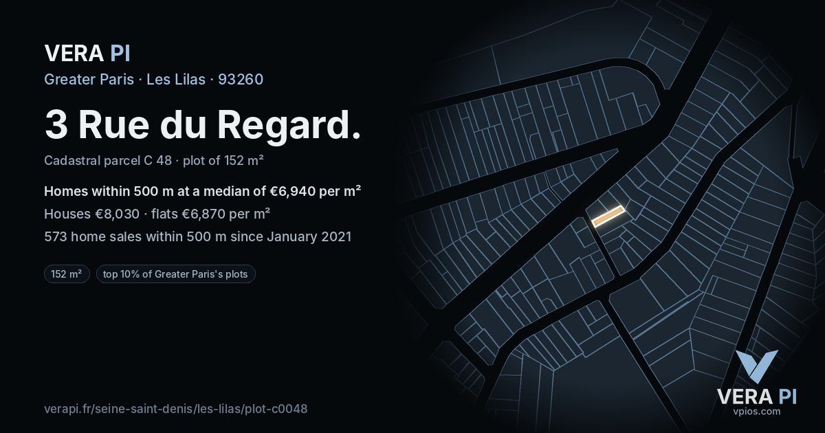3 Rue du Regard, Les Lilas at night – the plot lit, the parcels around coloured by the prices near them