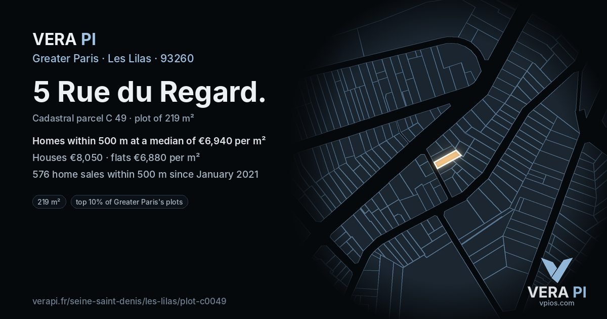 5 Rue du Regard, Les Lilas at night – the plot lit, the parcels around coloured by the prices near them