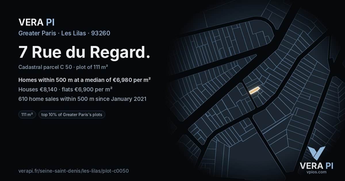 7 Rue du Regard, Les Lilas at night – the plot lit, the parcels around coloured by the prices near them