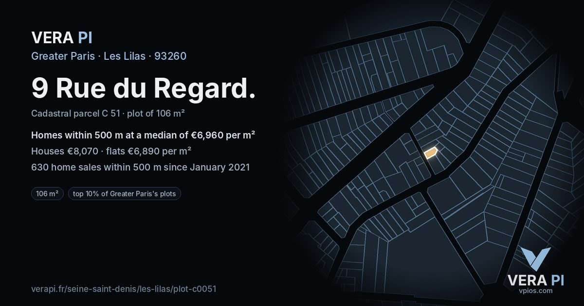 9 Rue du Regard, Les Lilas at night – the plot lit, the parcels around coloured by the prices near them