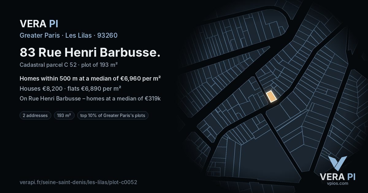 83 Rue Henri Barbusse, Les Lilas at night – the plot lit, the parcels around coloured by the prices near them