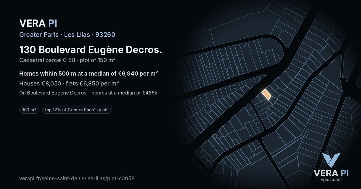 130 Boulevard Eugène Decros, Les Lilas at night – the plot lit, the parcels around coloured by the prices near them