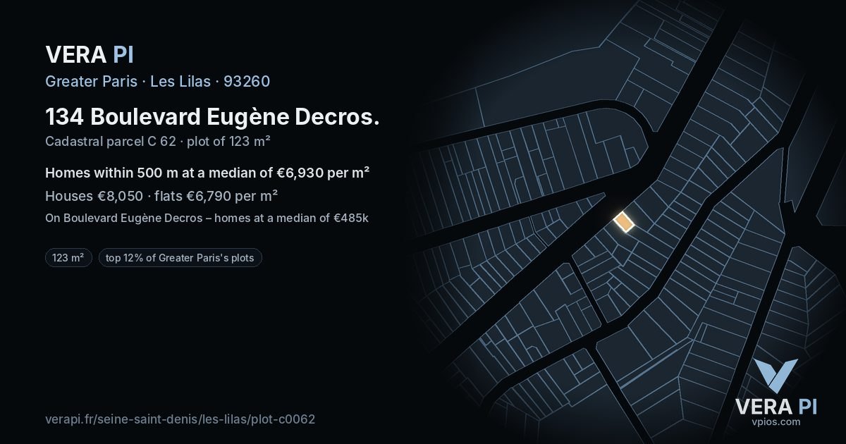 134 Boulevard Eugène Decros, Les Lilas at night – the plot lit, the parcels around coloured by the prices near them