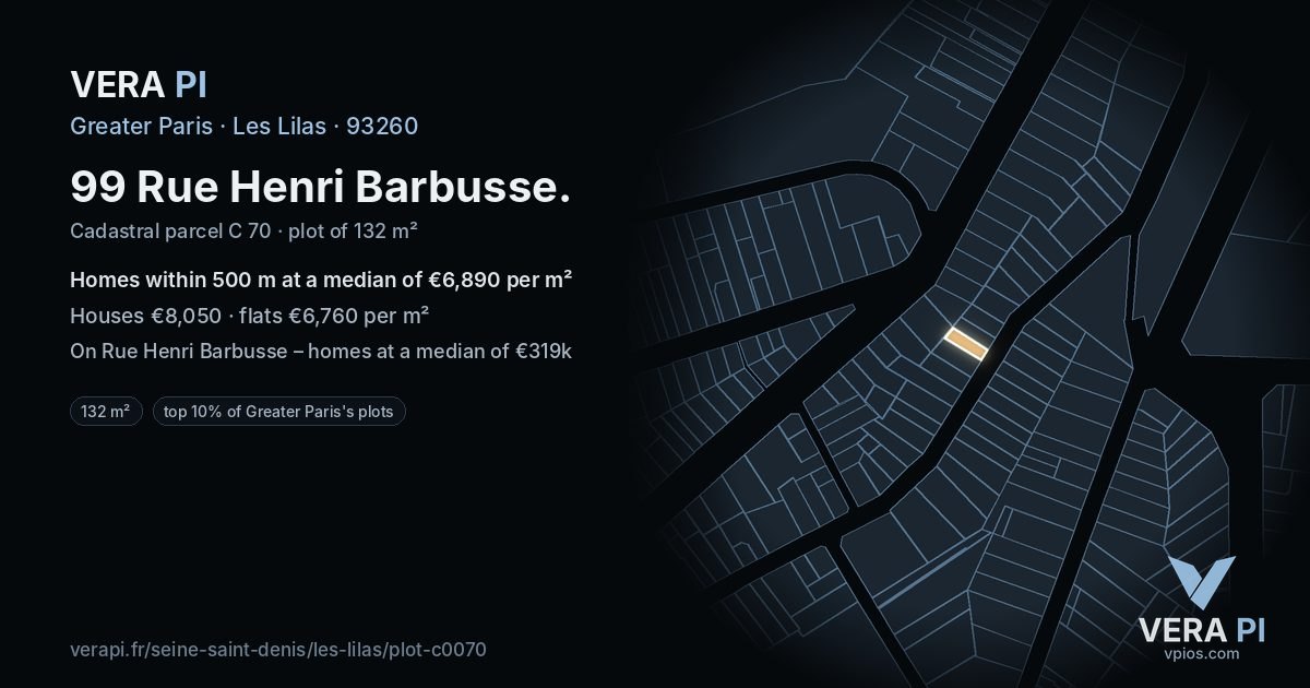 99 Rue Henri Barbusse, Les Lilas at night – the plot lit, the parcels around coloured by the prices near them