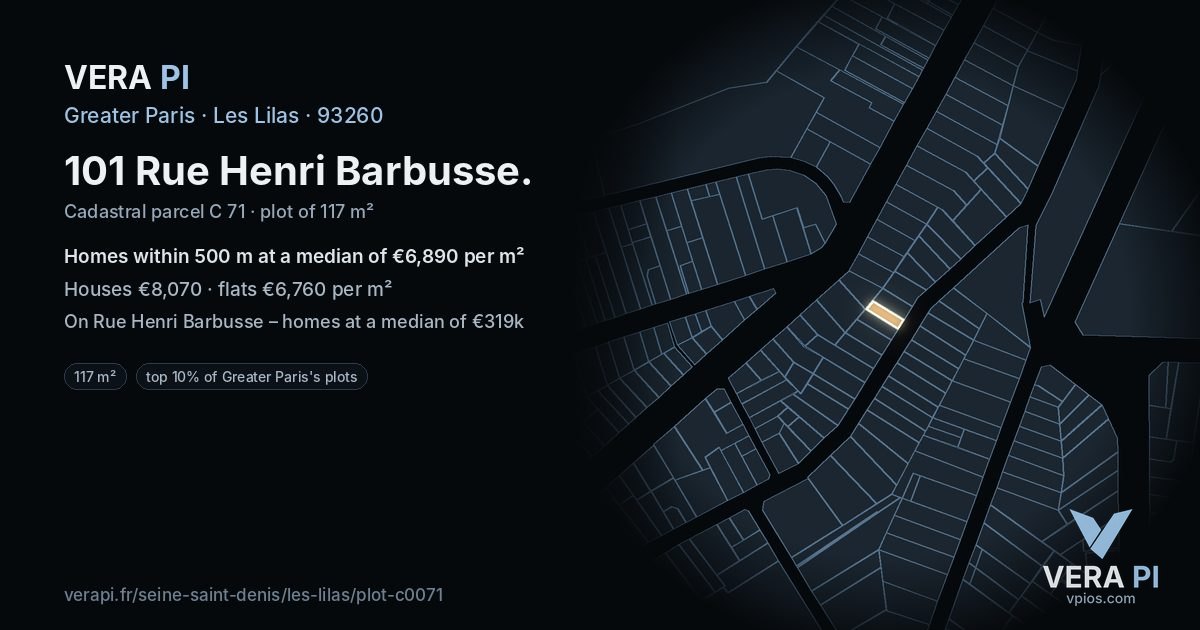 101 Rue Henri Barbusse, Les Lilas at night – the plot lit, the parcels around coloured by the prices near them