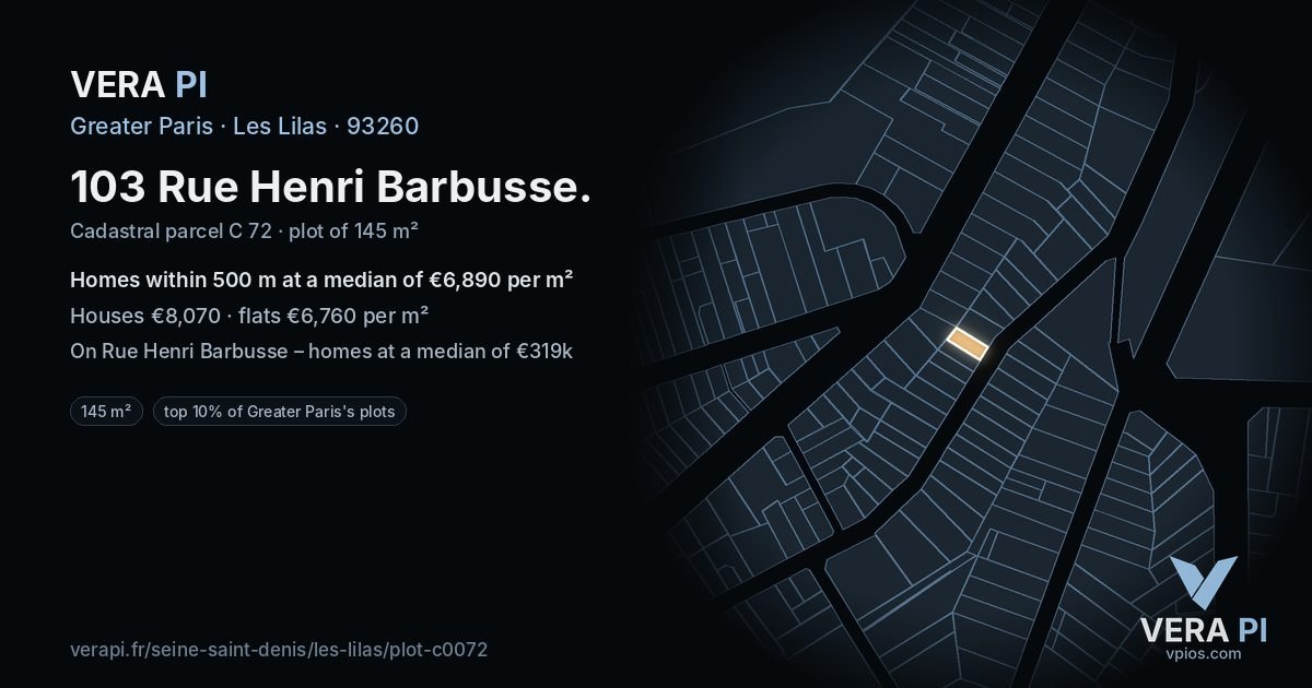 103 Rue Henri Barbusse, Les Lilas at night – the plot lit, the parcels around coloured by the prices near them