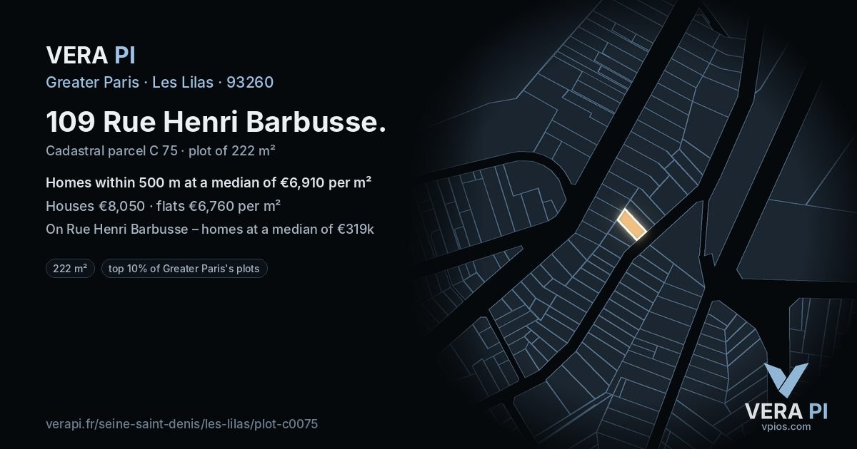 109 Rue Henri Barbusse, Les Lilas at night – the plot lit, the parcels around coloured by the prices near them