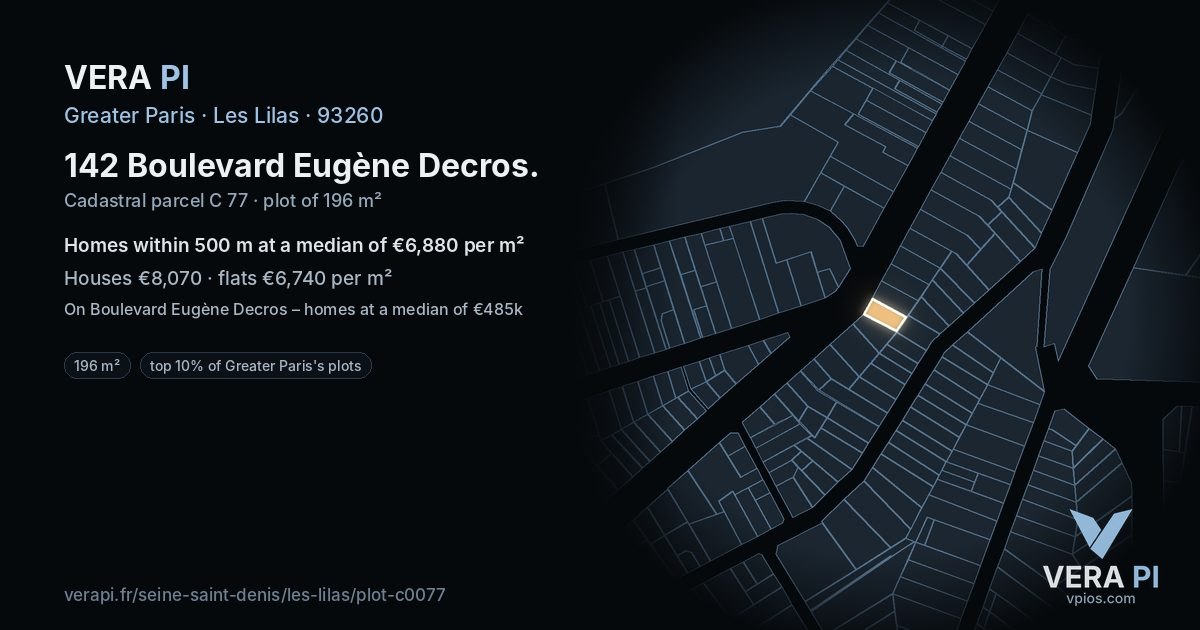 142 Boulevard Eugène Decros, Les Lilas at night – the plot lit, the parcels around coloured by the prices near them