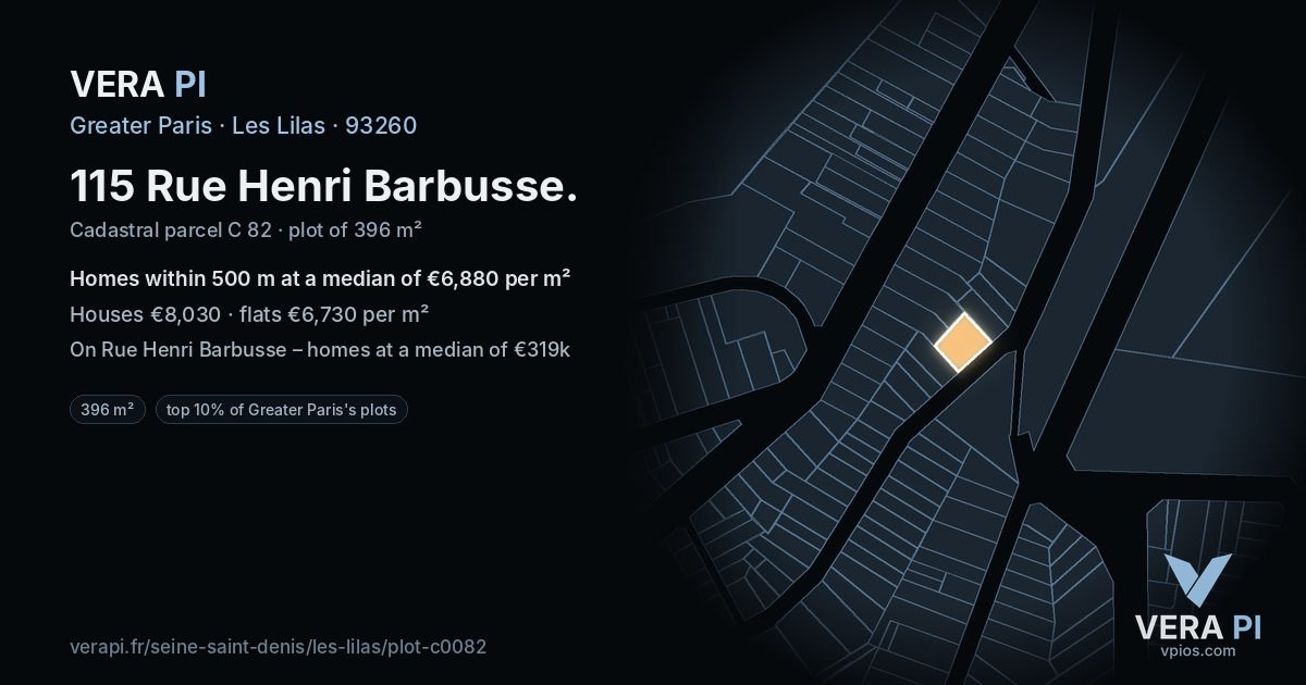 115 Rue Henri Barbusse, Les Lilas at night – the plot lit, the parcels around coloured by the prices near them