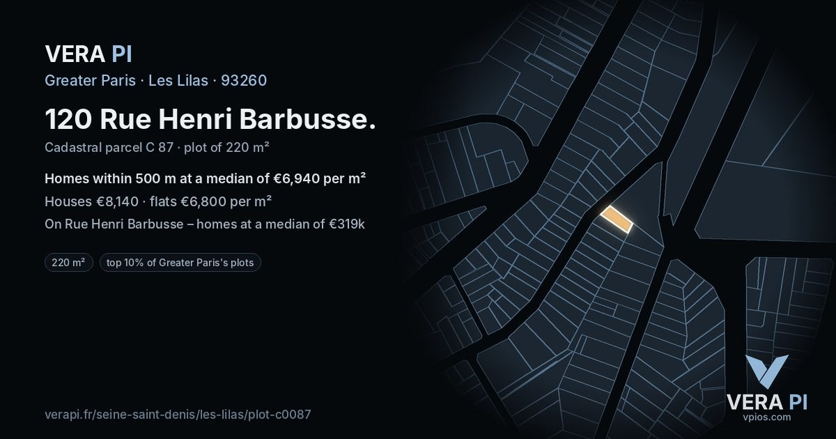 120 Rue Henri Barbusse, Les Lilas at night – the plot lit, the parcels around coloured by the prices near them