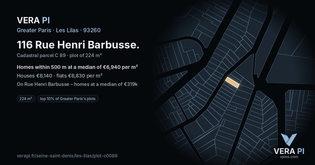 116 Rue Henri Barbusse, Les Lilas at night – the plot lit, the parcels around coloured by the prices near them