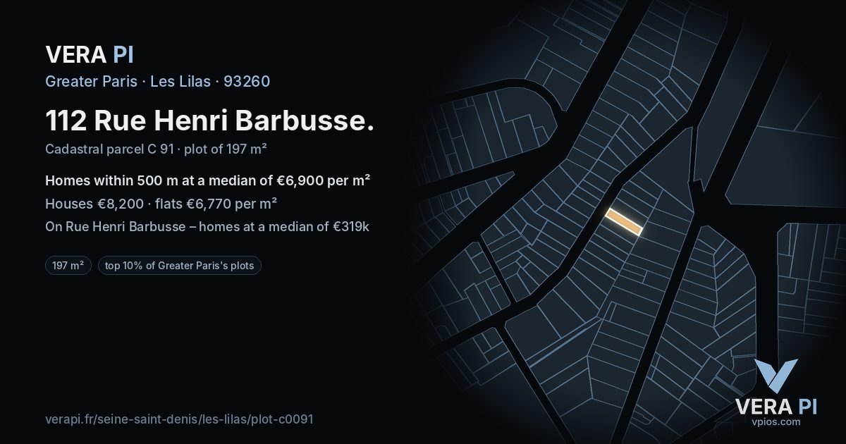 112 Rue Henri Barbusse, Les Lilas at night – the plot lit, the parcels around coloured by the prices near them