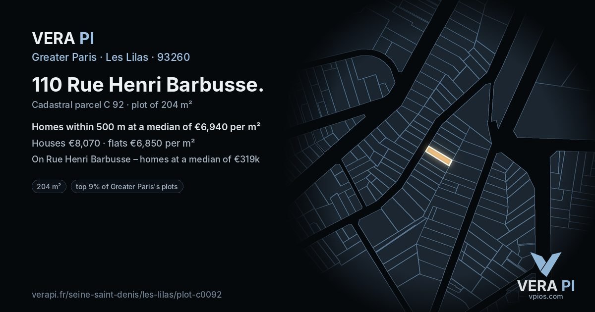 110 Rue Henri Barbusse, Les Lilas at night – the plot lit, the parcels around coloured by the prices near them