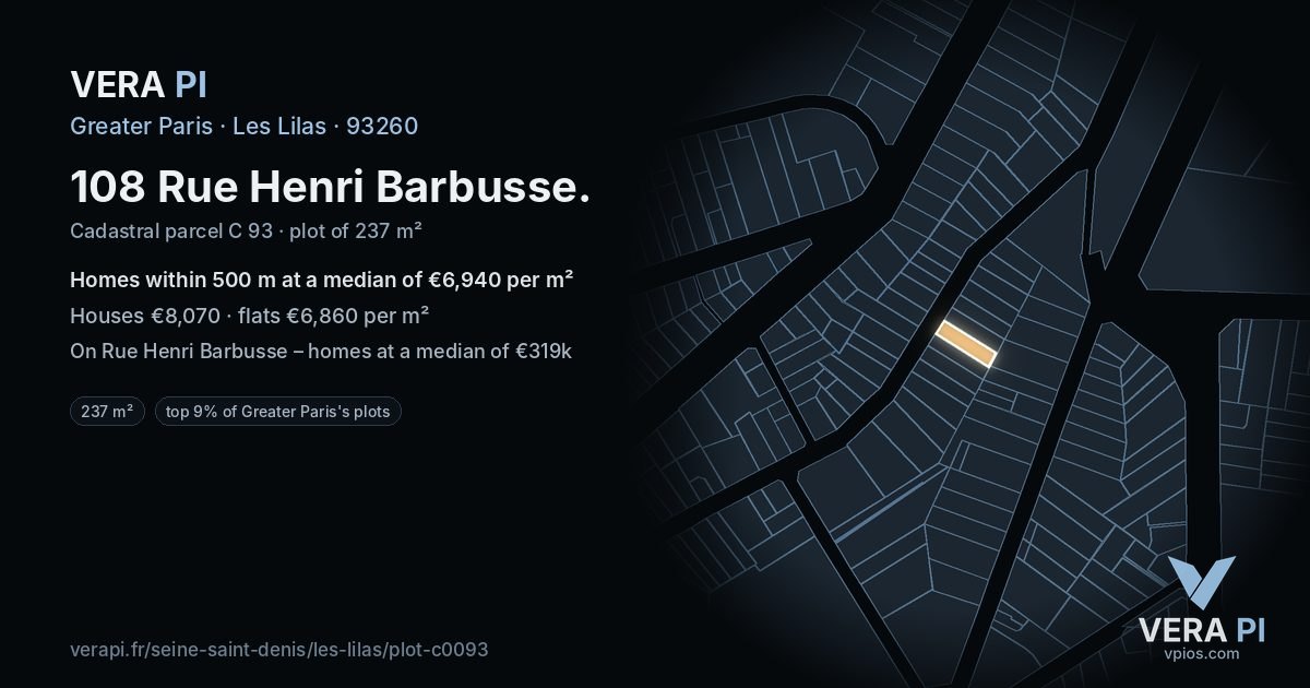 108 Rue Henri Barbusse, Les Lilas at night – the plot lit, the parcels around coloured by the prices near them
