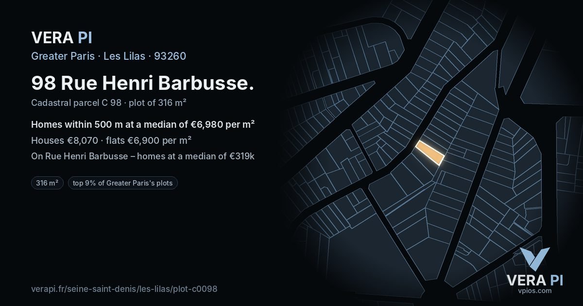 98 Rue Henri Barbusse, Les Lilas at night – the plot lit, the parcels around coloured by the prices near them