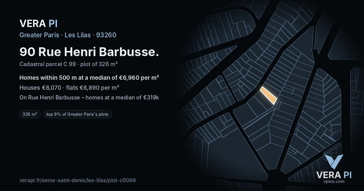 90 Rue Henri Barbusse, Les Lilas at night – the plot lit, the parcels around coloured by the prices near them