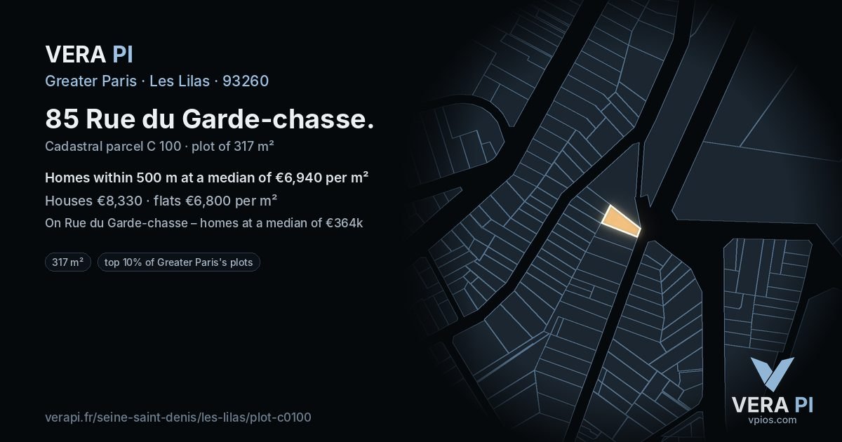 85 Rue du Garde-chasse, Les Lilas at night – the plot lit, the parcels around coloured by the prices near them