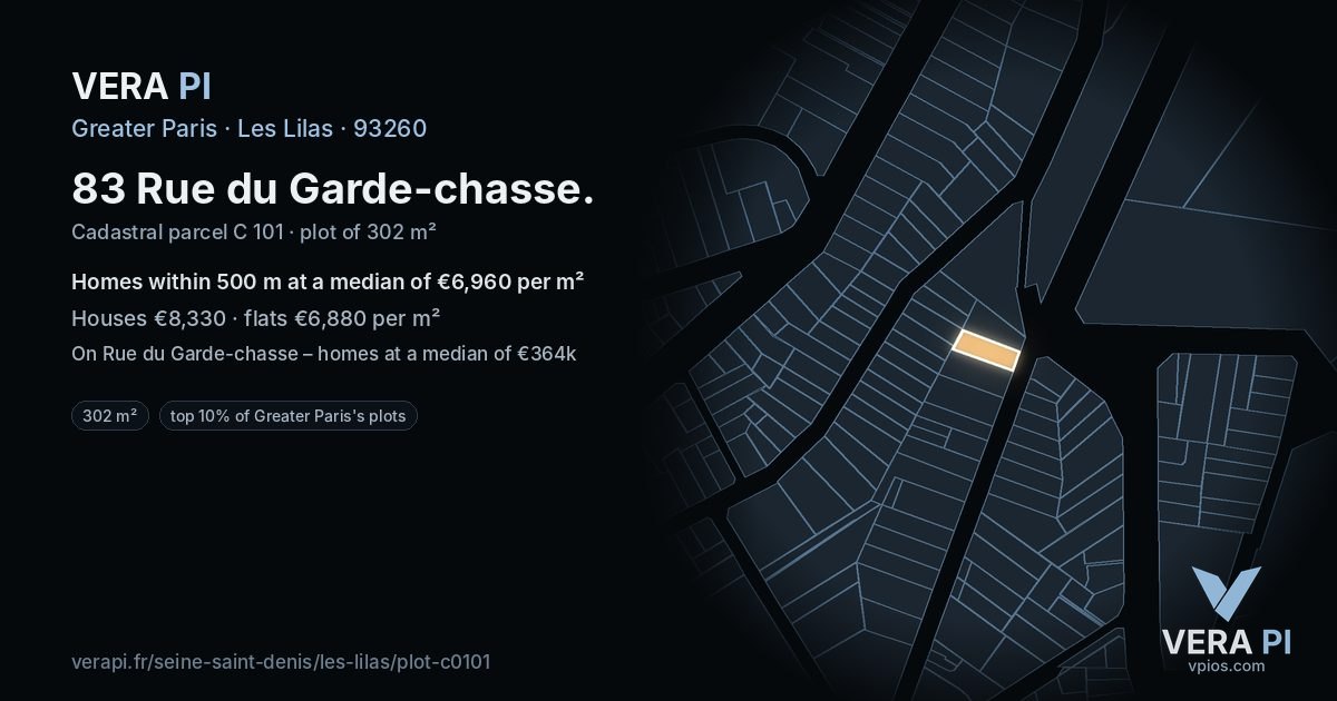 83 Rue du Garde-chasse, Les Lilas at night – the plot lit, the parcels around coloured by the prices near them