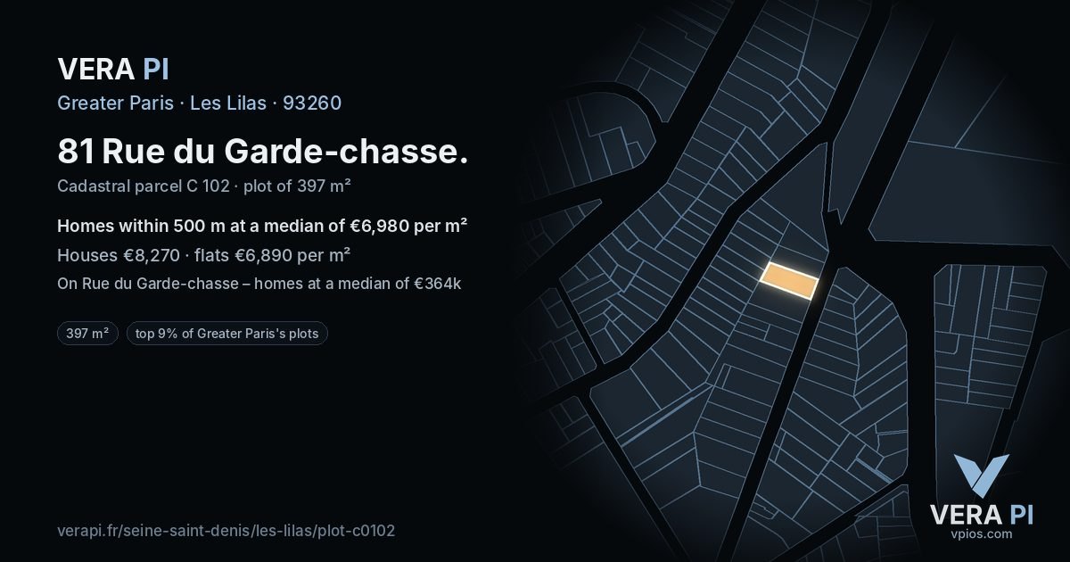 81 Rue du Garde-chasse, Les Lilas at night – the plot lit, the parcels around coloured by the prices near them