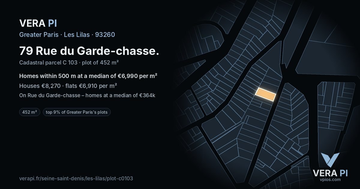 79 Rue du Garde-chasse, Les Lilas at night – the plot lit, the parcels around coloured by the prices near them