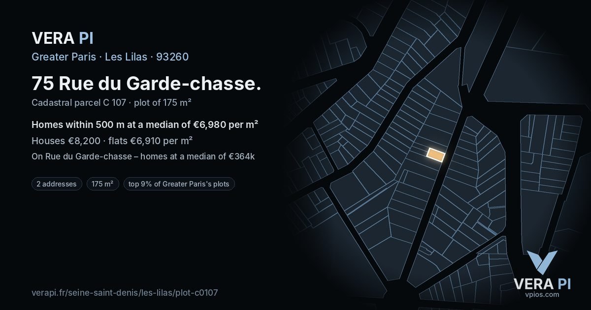 75 Rue du Garde-chasse, Les Lilas at night – the plot lit, the parcels around coloured by the prices near them