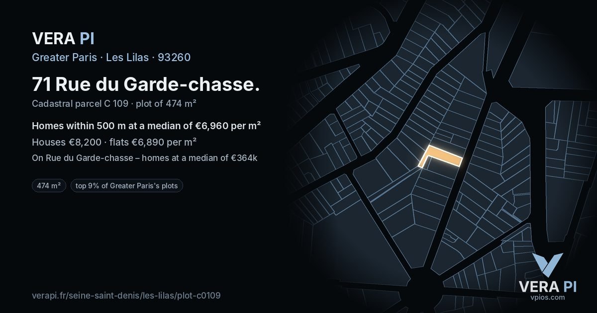 71 Rue du Garde-chasse, Les Lilas at night – the plot lit, the parcels around coloured by the prices near them