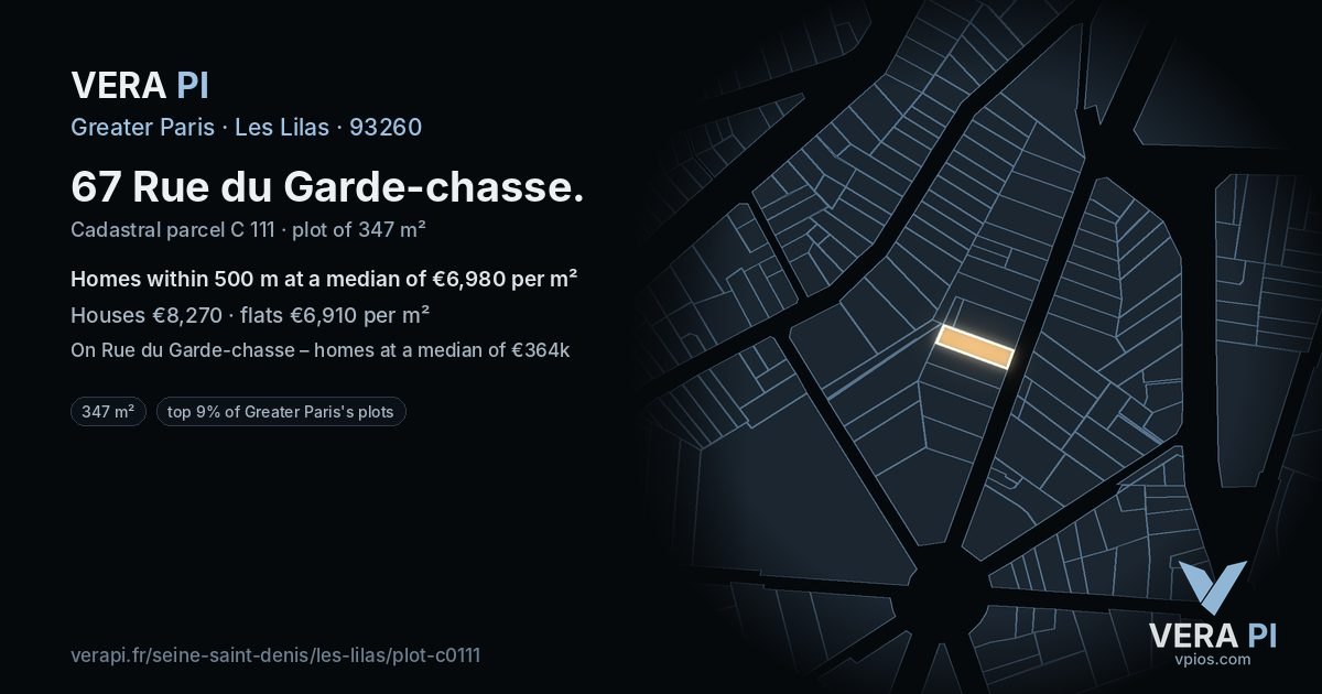 67 Rue du Garde-chasse, Les Lilas at night – the plot lit, the parcels around coloured by the prices near them