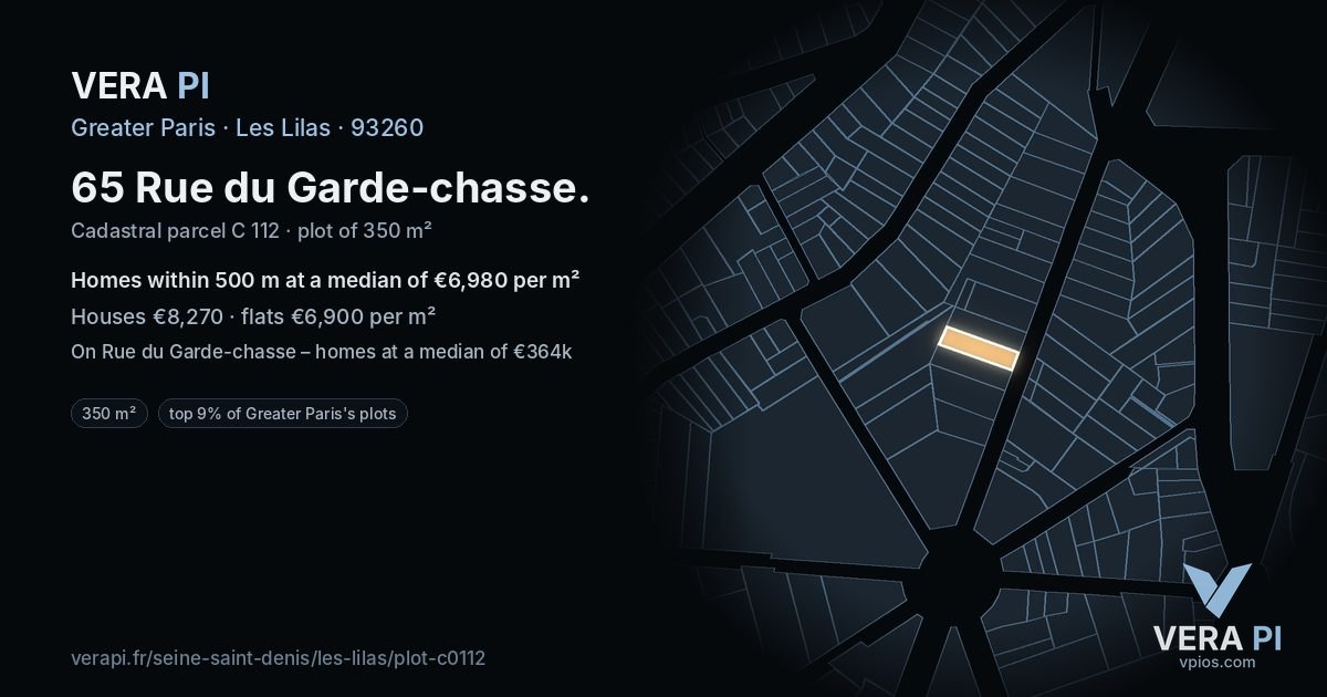 65 Rue du Garde-chasse, Les Lilas at night – the plot lit, the parcels around coloured by the prices near them