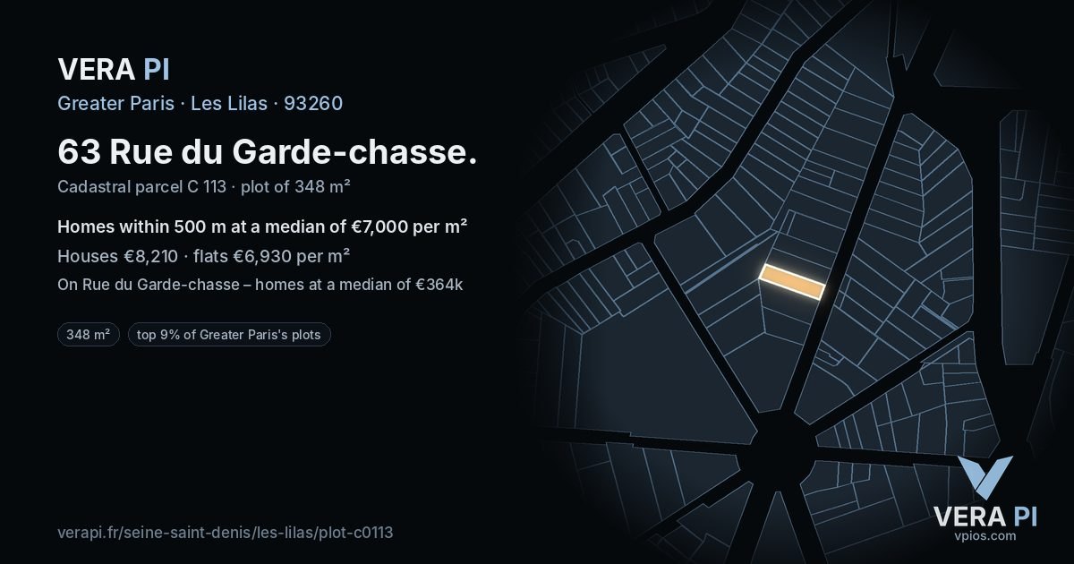 63 Rue du Garde-chasse, Les Lilas at night – the plot lit, the parcels around coloured by the prices near them
