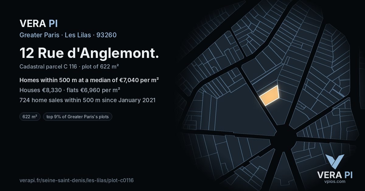 12 Rue d'Anglemont, Les Lilas at night – the plot lit, the parcels around coloured by the prices near them