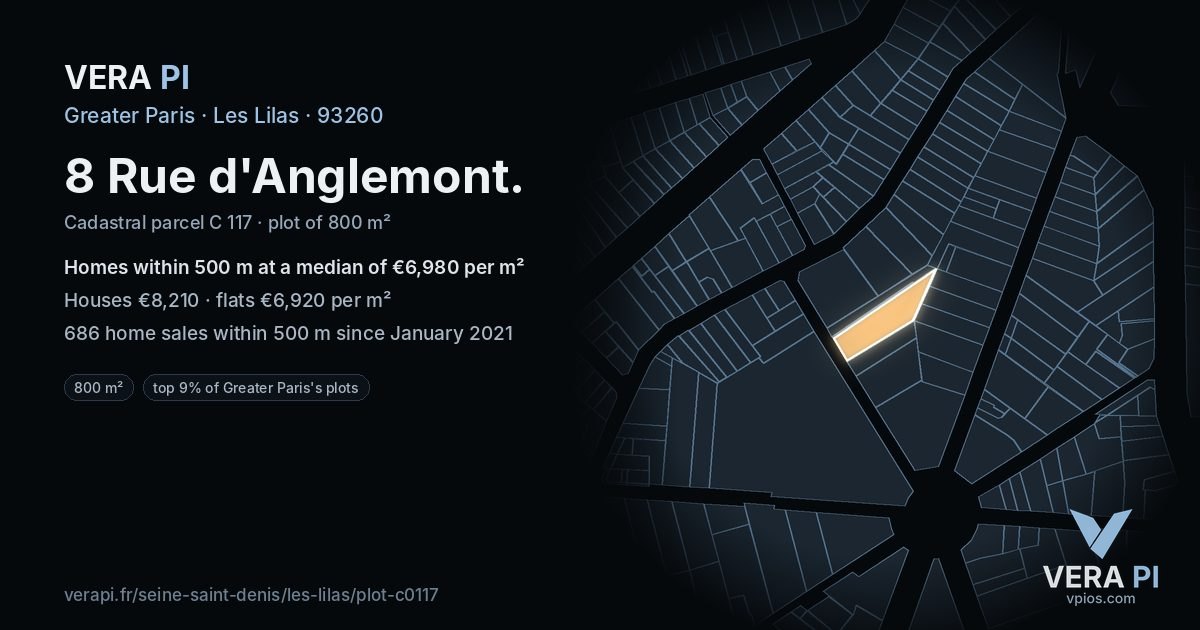 8 Rue d'Anglemont, Les Lilas at night – the plot lit, the parcels around coloured by the prices near them
