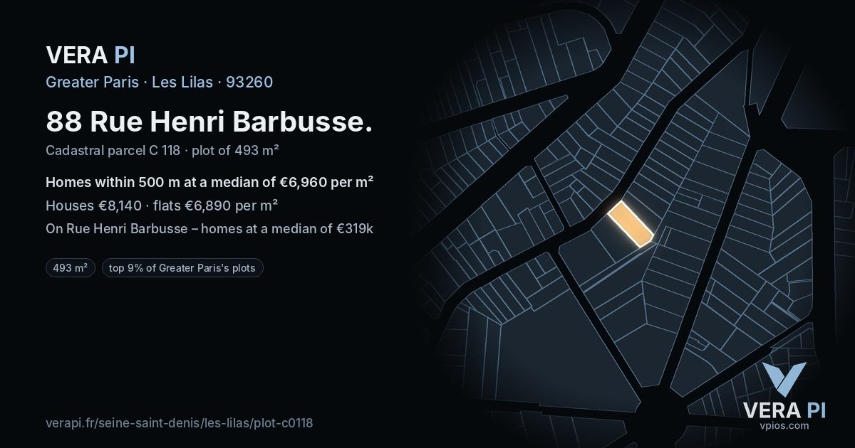 88 Rue Henri Barbusse, Les Lilas at night – the plot lit, the parcels around coloured by the prices near them