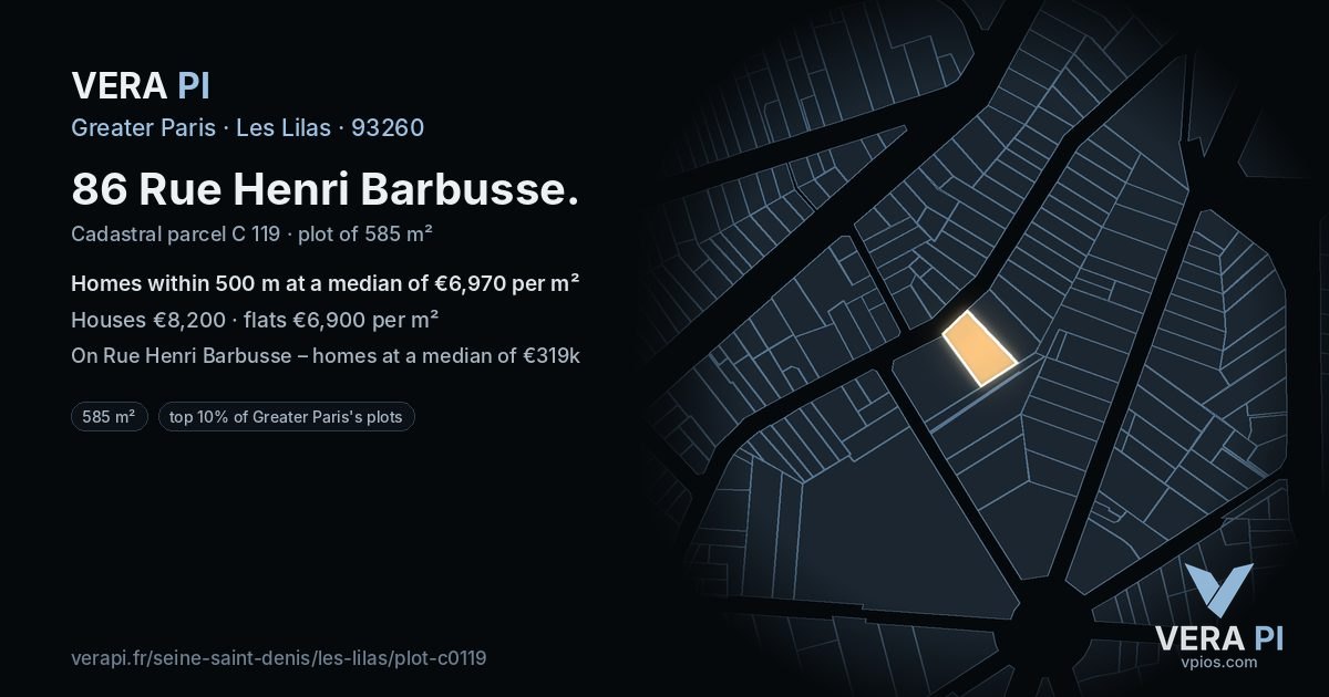 86 Rue Henri Barbusse, Les Lilas at night – the plot lit, the parcels around coloured by the prices near them