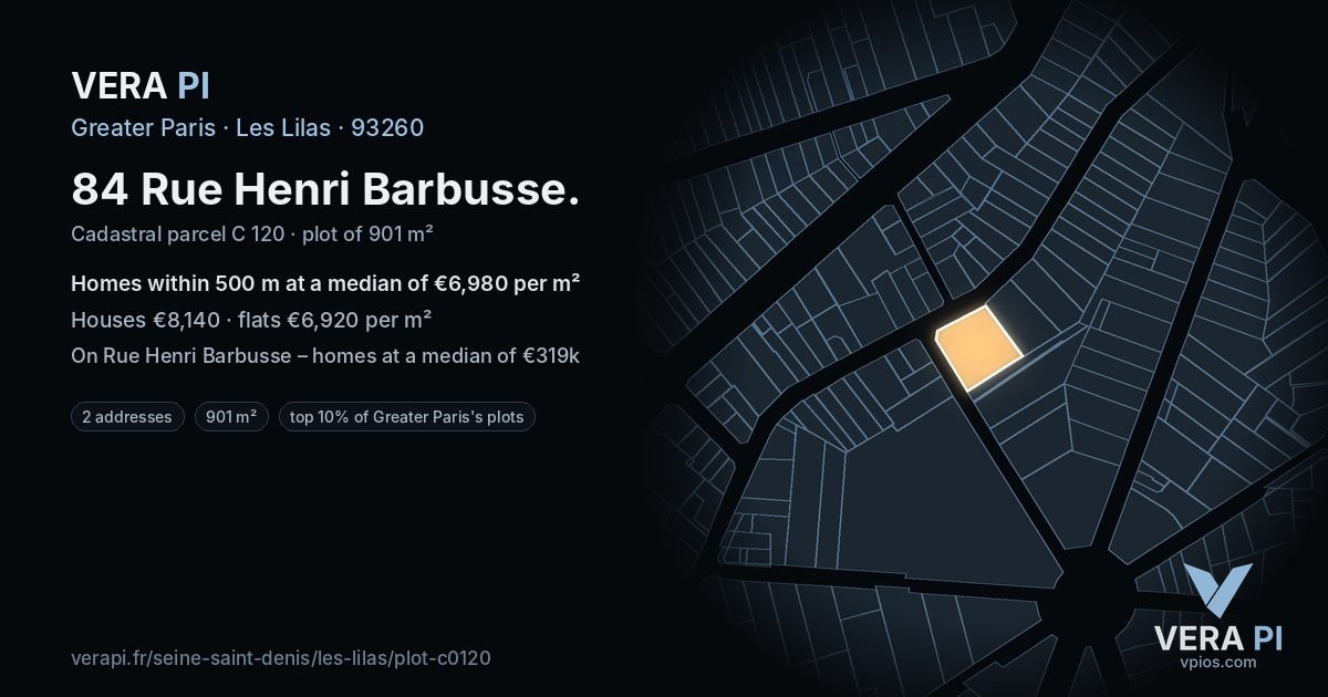 84 Rue Henri Barbusse, Les Lilas at night – the plot lit, the parcels around coloured by the prices near them