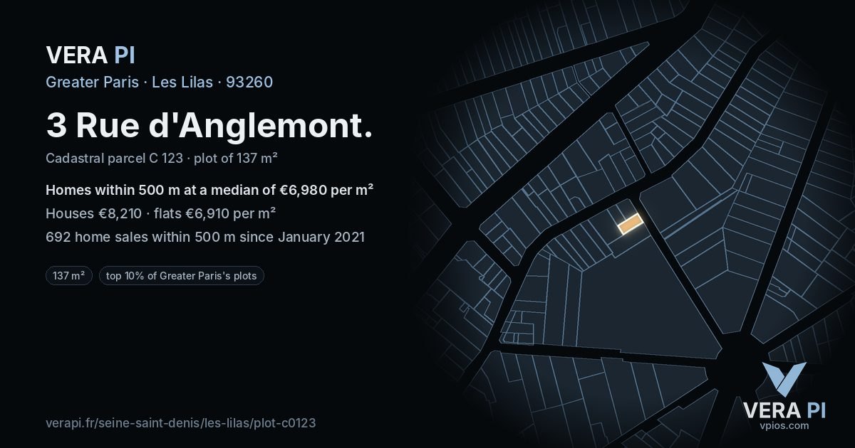 3 Rue d'Anglemont, Les Lilas at night – the plot lit, the parcels around coloured by the prices near them