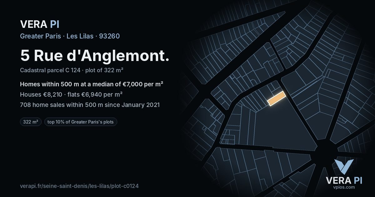 5 Rue d'Anglemont, Les Lilas at night – the plot lit, the parcels around coloured by the prices near them