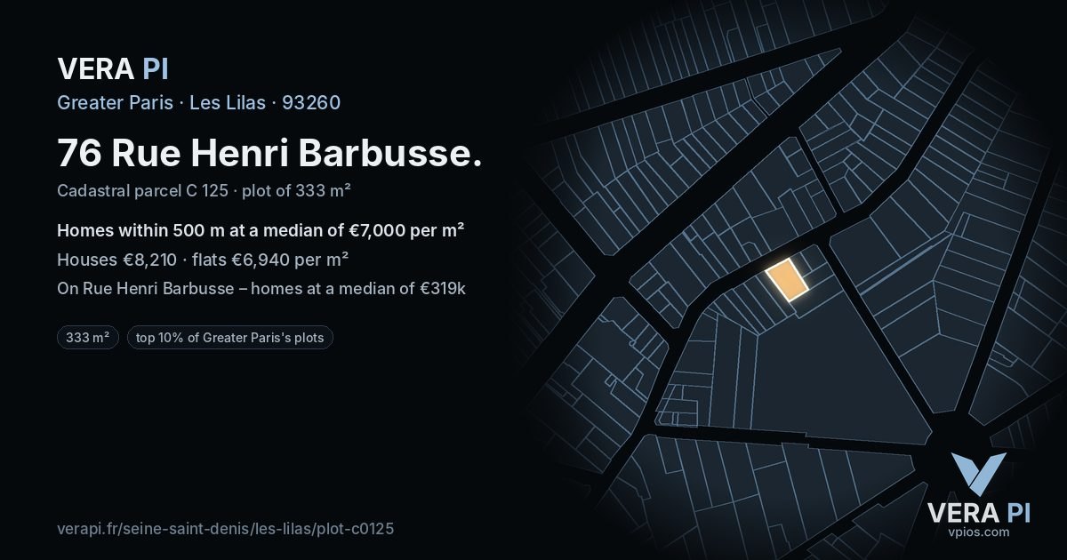 76 Rue Henri Barbusse, Les Lilas at night – the plot lit, the parcels around coloured by the prices near them