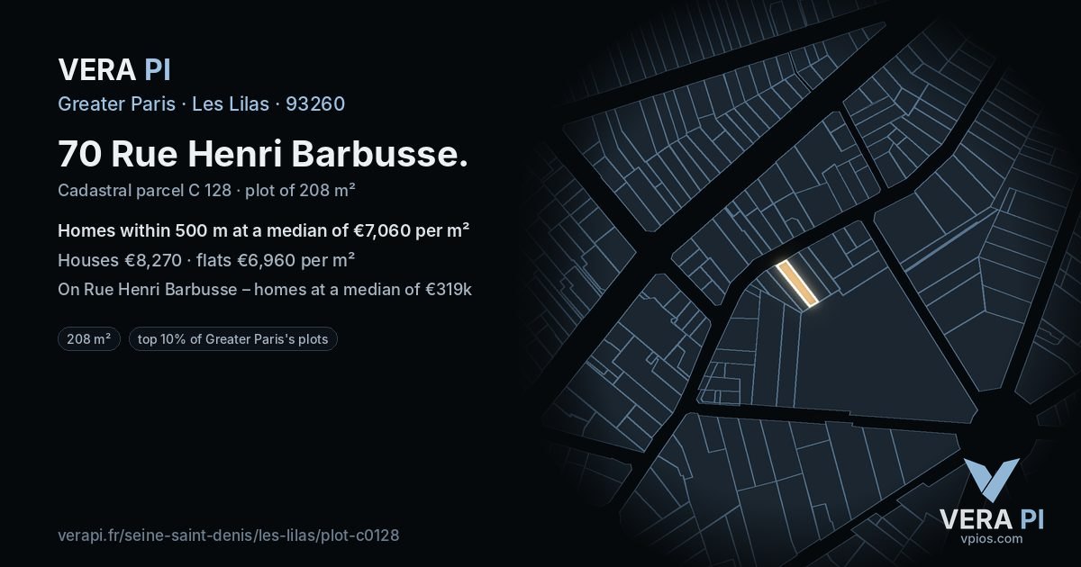 70 Rue Henri Barbusse, Les Lilas at night – the plot lit, the parcels around coloured by the prices near them